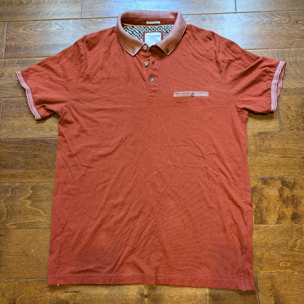 Men's Denim & Flower Rust Orange Polo with Faux Pocket